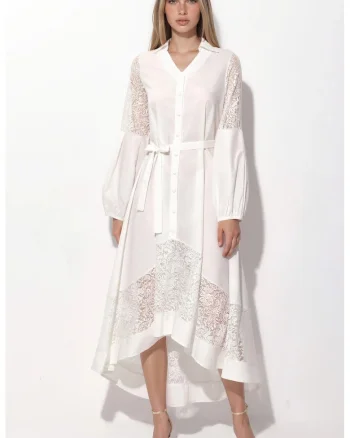 Rochie Midi Femei  Alb, Casual, Maneca lunga, Cu curea
