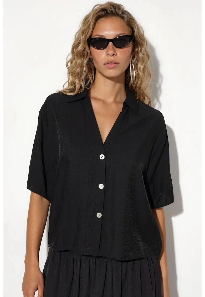 Camasi dama,  camasa scurta, relaxata, neagra, poliester