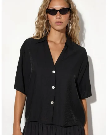 Camasi dama,  camasa scurta, relaxata, neagra, poliester
