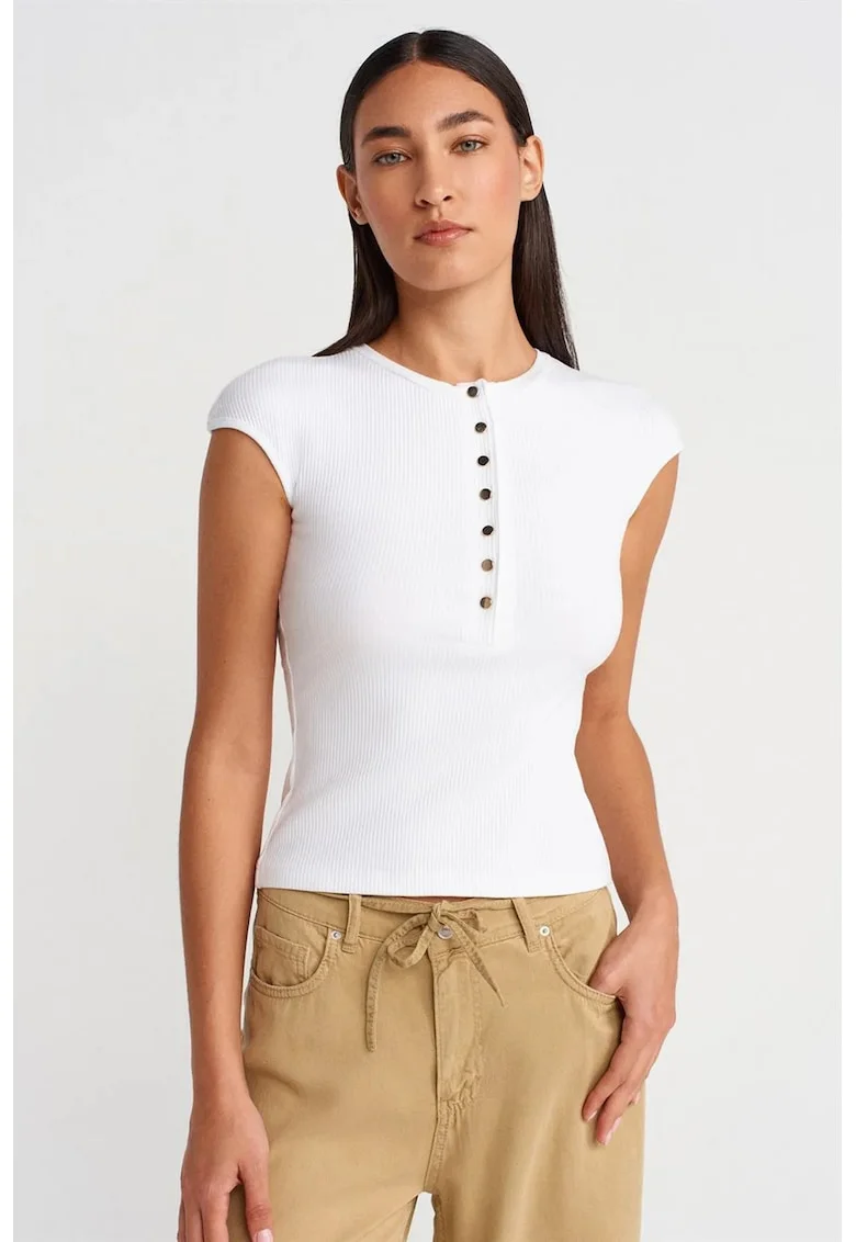 Tricouri dama,  tricou mulat cu guler rotund, alb, 92% bumbac, 8% elastan