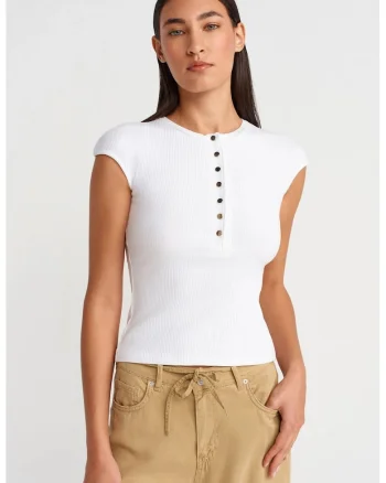 Tricouri dama,  tricou mulat cu guler rotund, alb, 92% bumbac, 8% elastan
