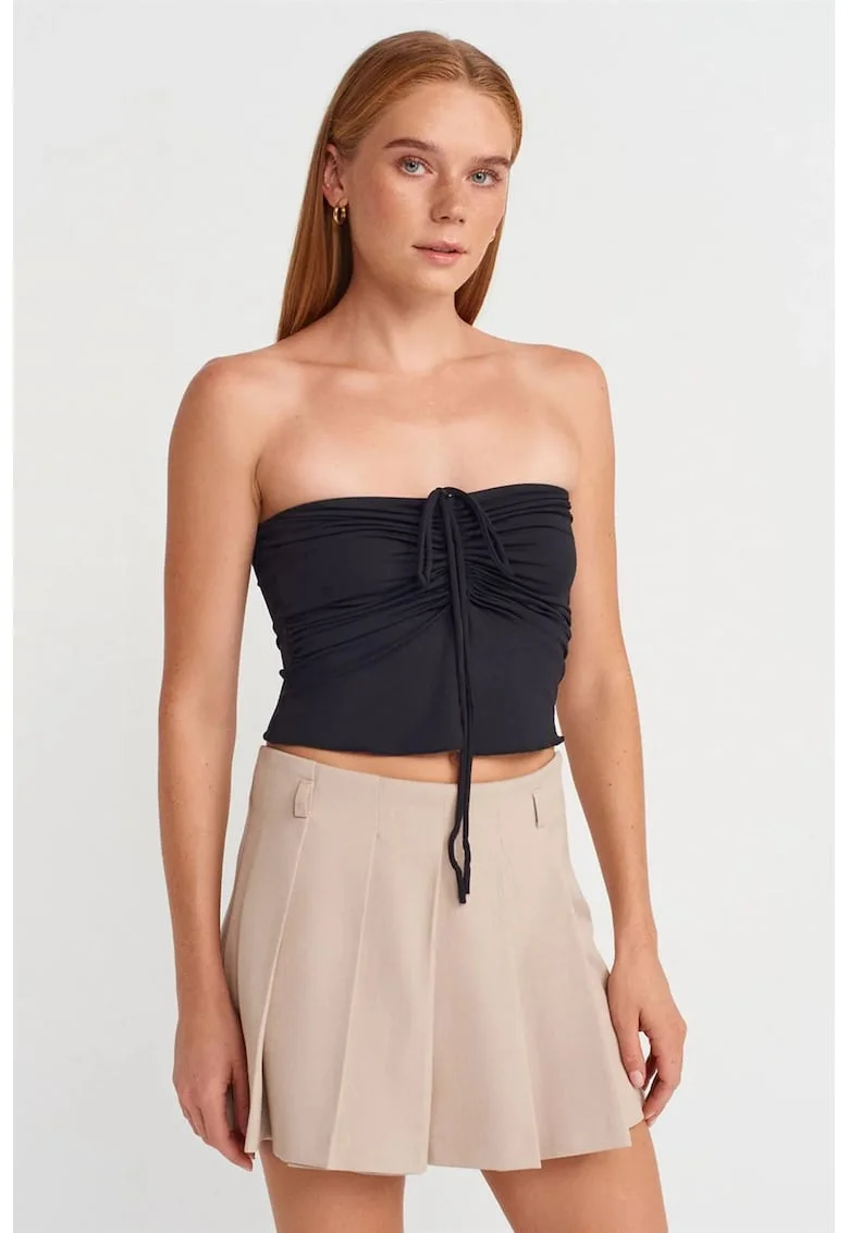 Bluze dama,  bluza scurta fara bretele, detalii cu snur, negru, 93% nailon, 7% elastan