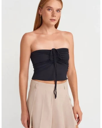 Bluze dama,  bluza scurta fara bretele, detalii cu snur, negru, 93% nailon, 7% elastan