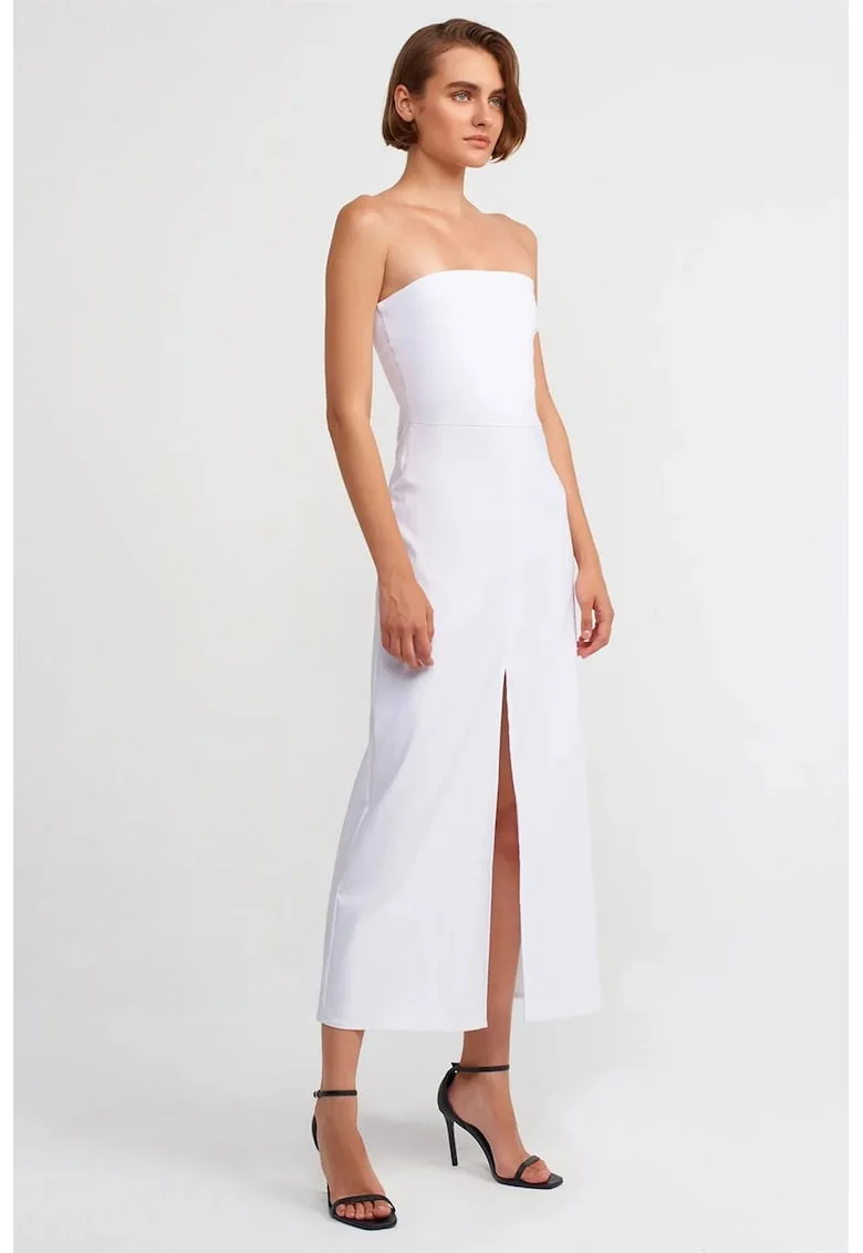 Rochie Midi  Fara Bretele cu Slit Alb, Elegant, Bumbac