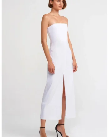 Rochie Midi  Fara Bretele cu Slit Alb, Elegant, Bumbac