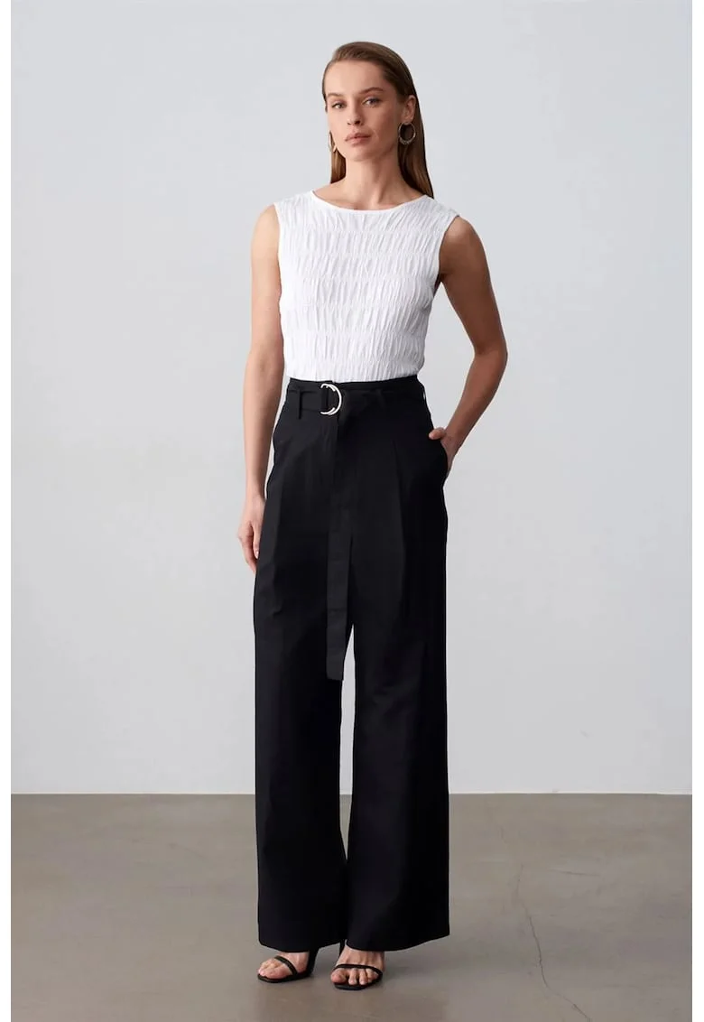 Pantaloni dama,  talie inalta, croiala larga, negru, in