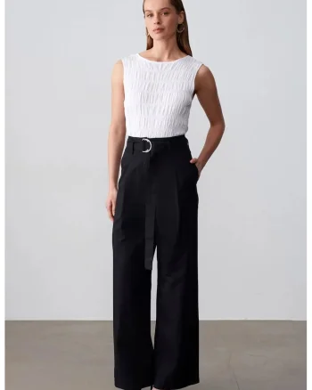 Pantaloni dama,  talie inalta, croiala larga, negru, in