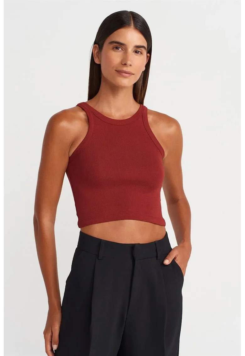 Bluza dama,  top scurt fara maneci, rosu caramiziu, amestec de bumbac