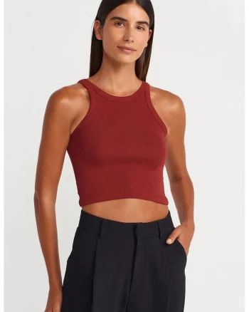 Bluza dama,  top scurt fara maneci, rosu caramiziu, amestec de bumbac