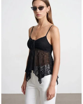 Bluza dama,  fara maneci, detalii cu snur, negru, poliamida cu elastan