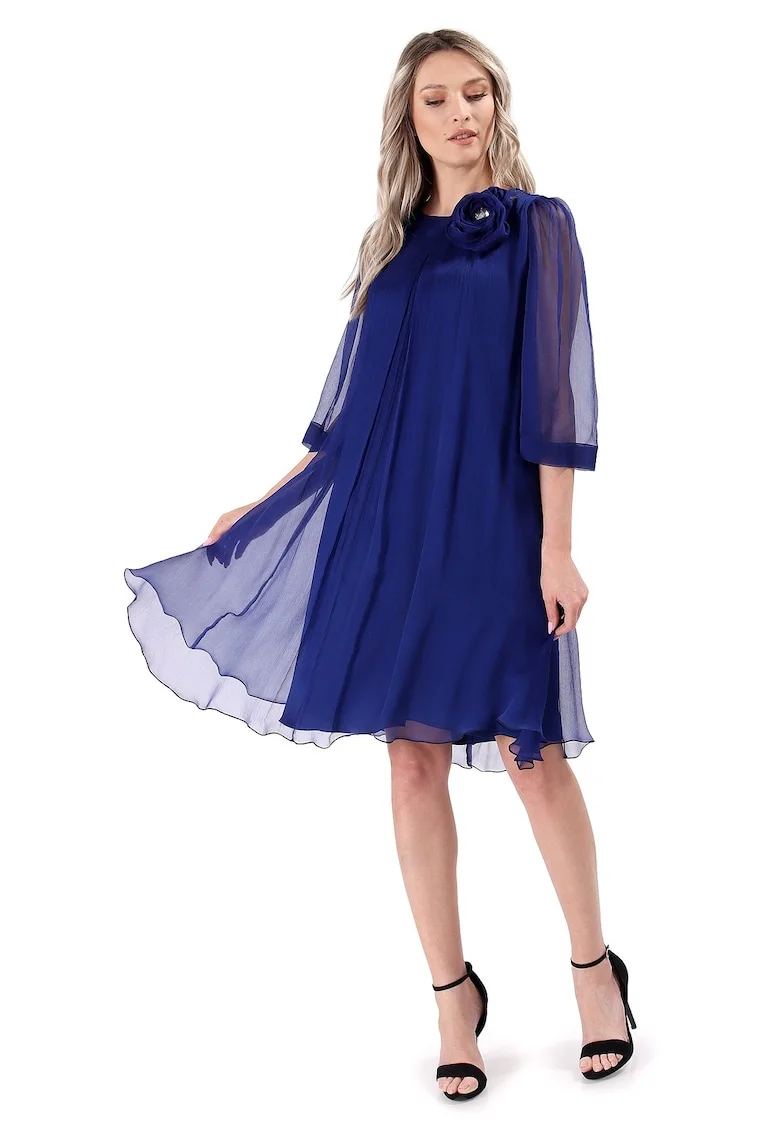 Rochie din voal de matase naturala cu brosa detasabila, Bleumarin