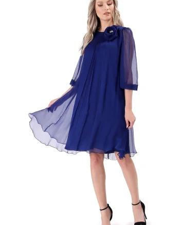 Rochie din voal de matase naturala cu brosa detasabila, Bleumarin