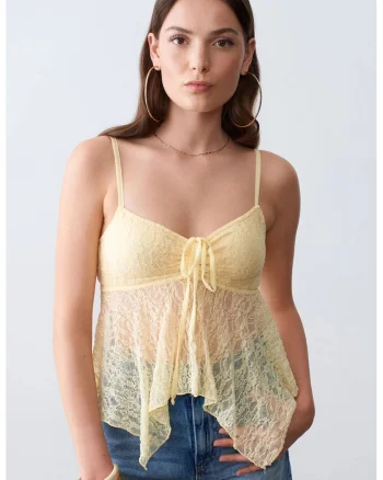 Bluza dama,  fara maneci, detalii cu snur, Galben Lamaie, poliamida cu elastan
