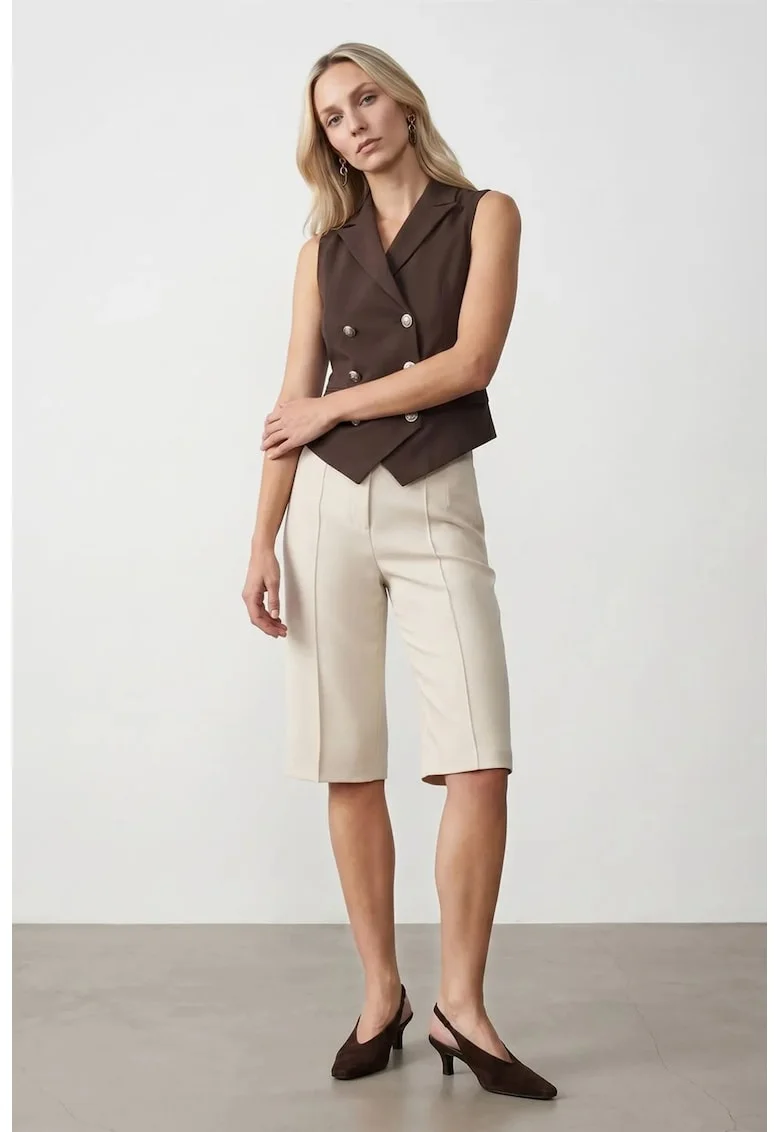 Vesta casual,  cu guler sal, maro, material crep tesut