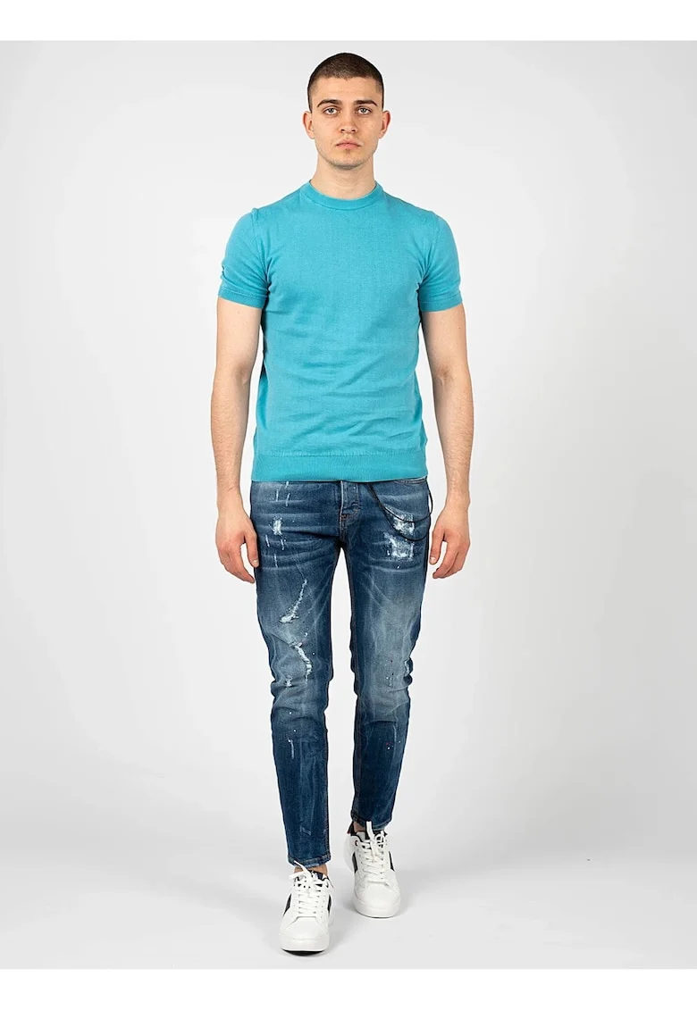 Tricou slim fit cu decolteu la baza gatului, Albastru azur