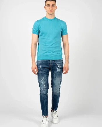 Tricou slim fit cu decolteu la baza gatului, Albastru azur