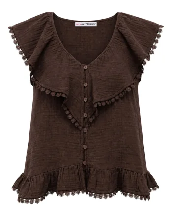 Bluze dama,  bluza fara maneci, decolteu in V, maro cafea, bumbac