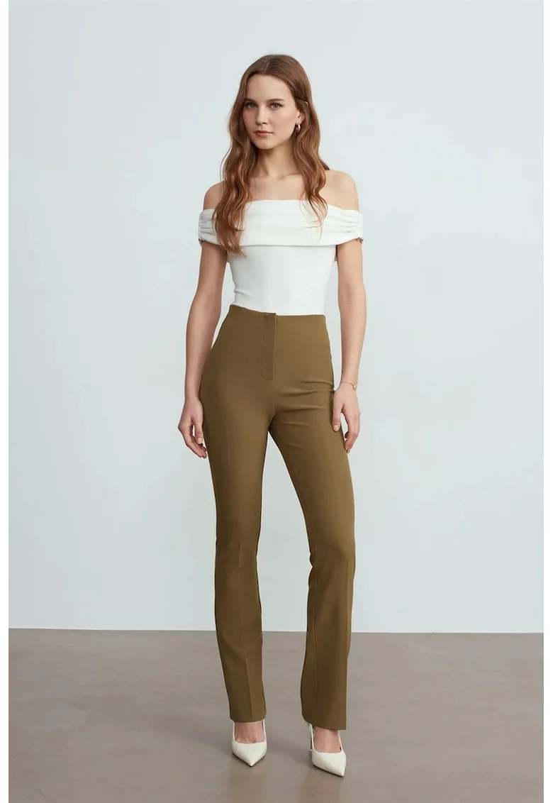 Pantaloni dama,  croiala dreapta, plisat, verde kaki, crep