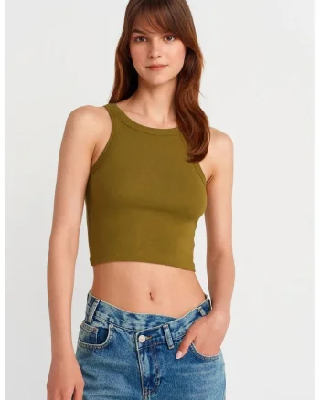 Bluza dama,  top scurt fara maneci, verde olive, amestec de bumbac reiat