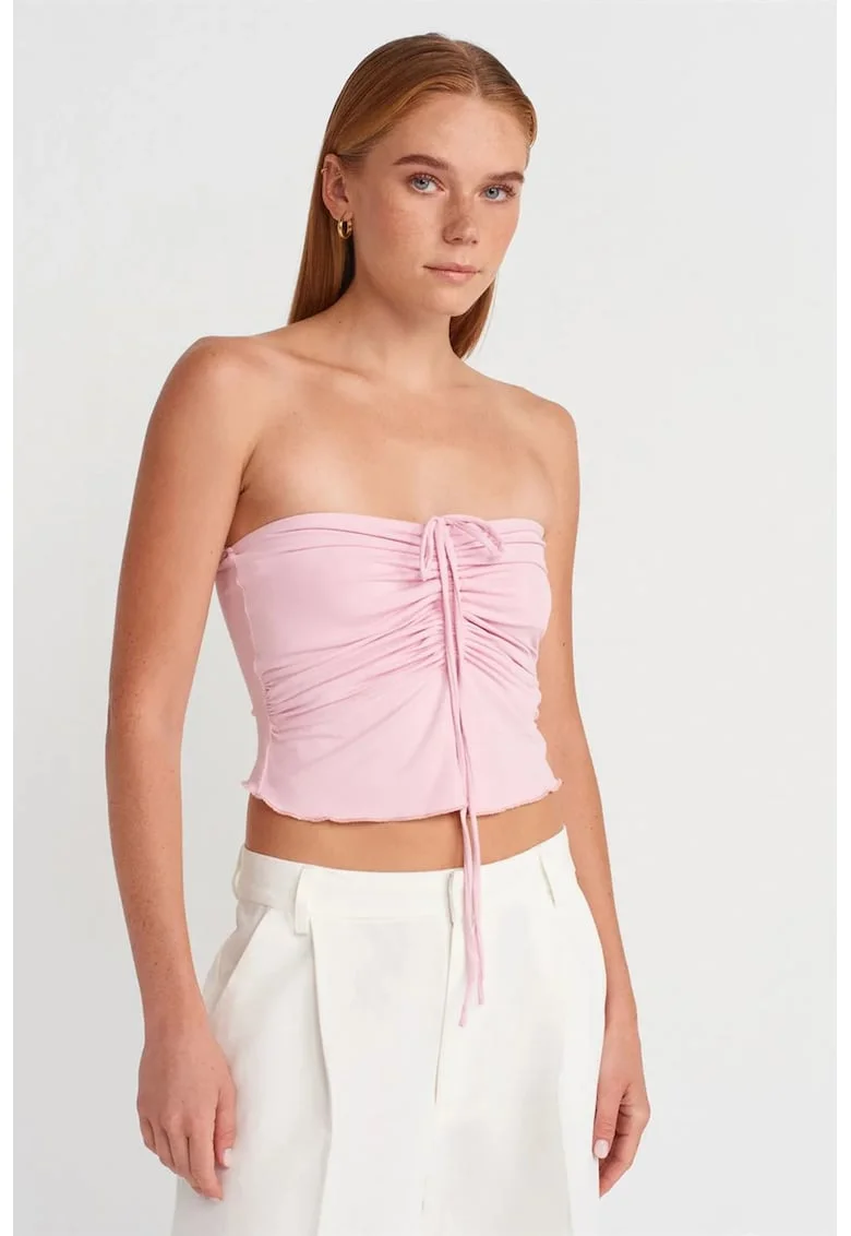 Bluza dama,  scurta, roz pudra, detalii cu snur, 93% nailon, 7% elastan
