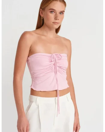 Bluza dama,  scurta, roz pudra, detalii cu snur, 93% nailon, 7% elastan