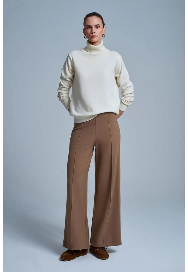 Pantaloni dama,  tricotati cu picior larg, elastic, maro camel, 50% bumbac, 50% poliester
