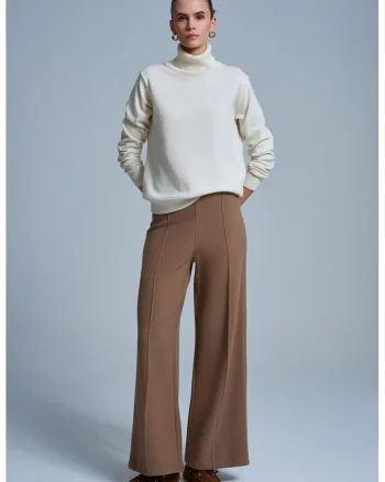 Pantaloni dama,  tricotati cu picior larg, elastic, maro camel, 50% bumbac, 50% poliester