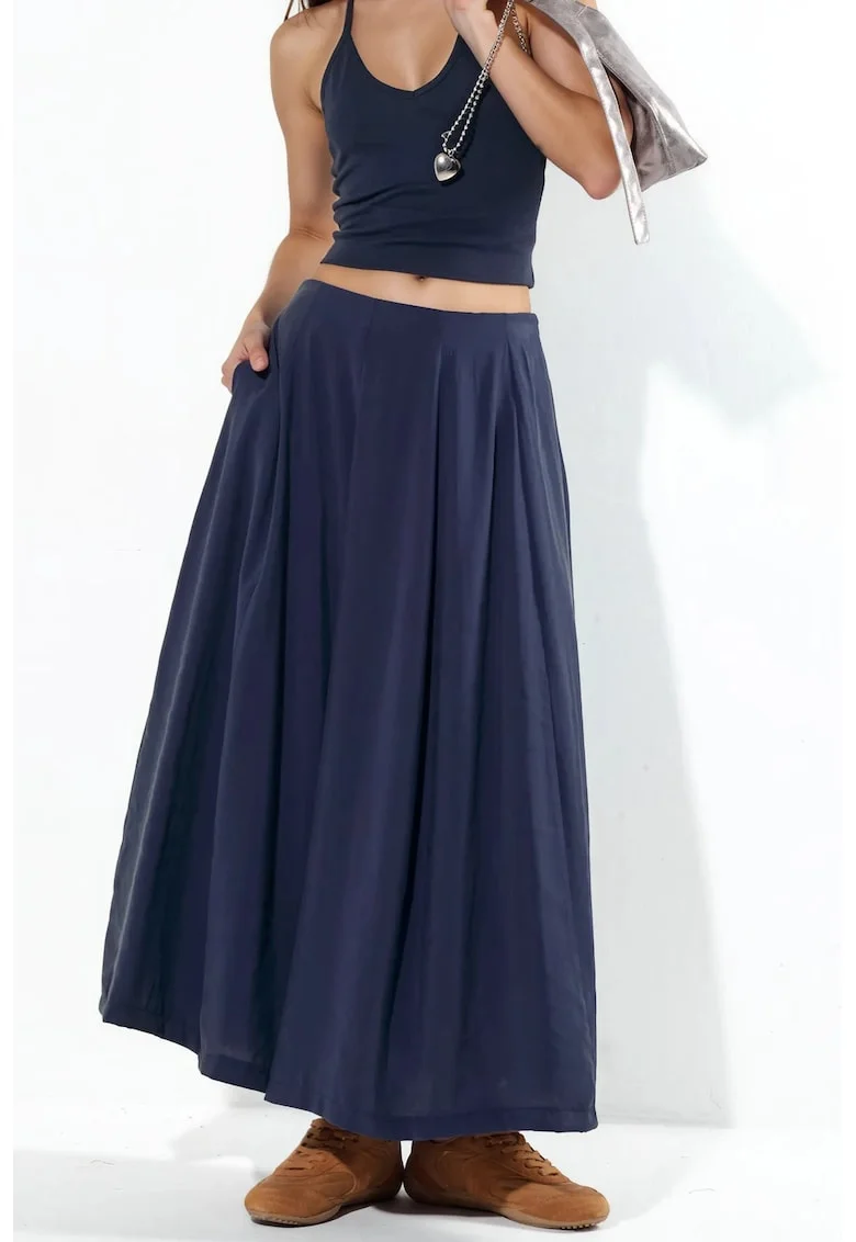 Fusta maxi  talie inalta, croiala A, albastru marin, material creponat