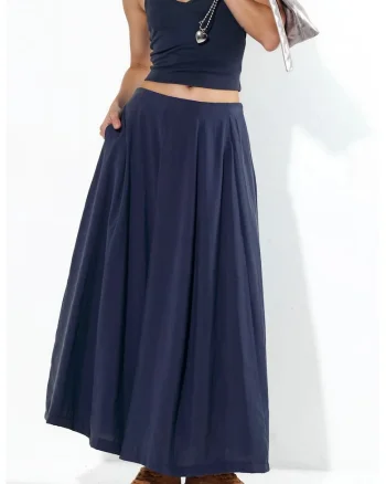 Fusta maxi  talie inalta, croiala A, albastru marin, material creponat