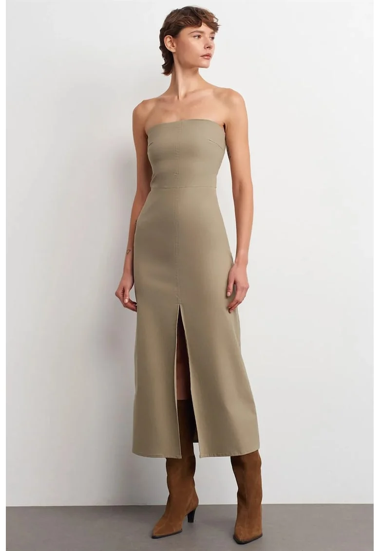 Rochie Midi  Fara Bretele, Verde Kaki, Eleganta, Cu Slit, Bumbac