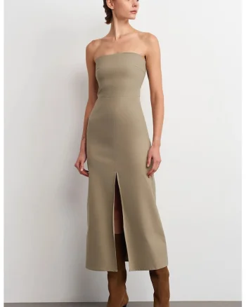 Rochie Midi  Fara Bretele, Verde Kaki, Eleganta, Cu Slit, Bumbac