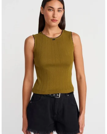 Tricou dama,  vesta fara maneci, slim fit, verde kaki, 100% bumbac