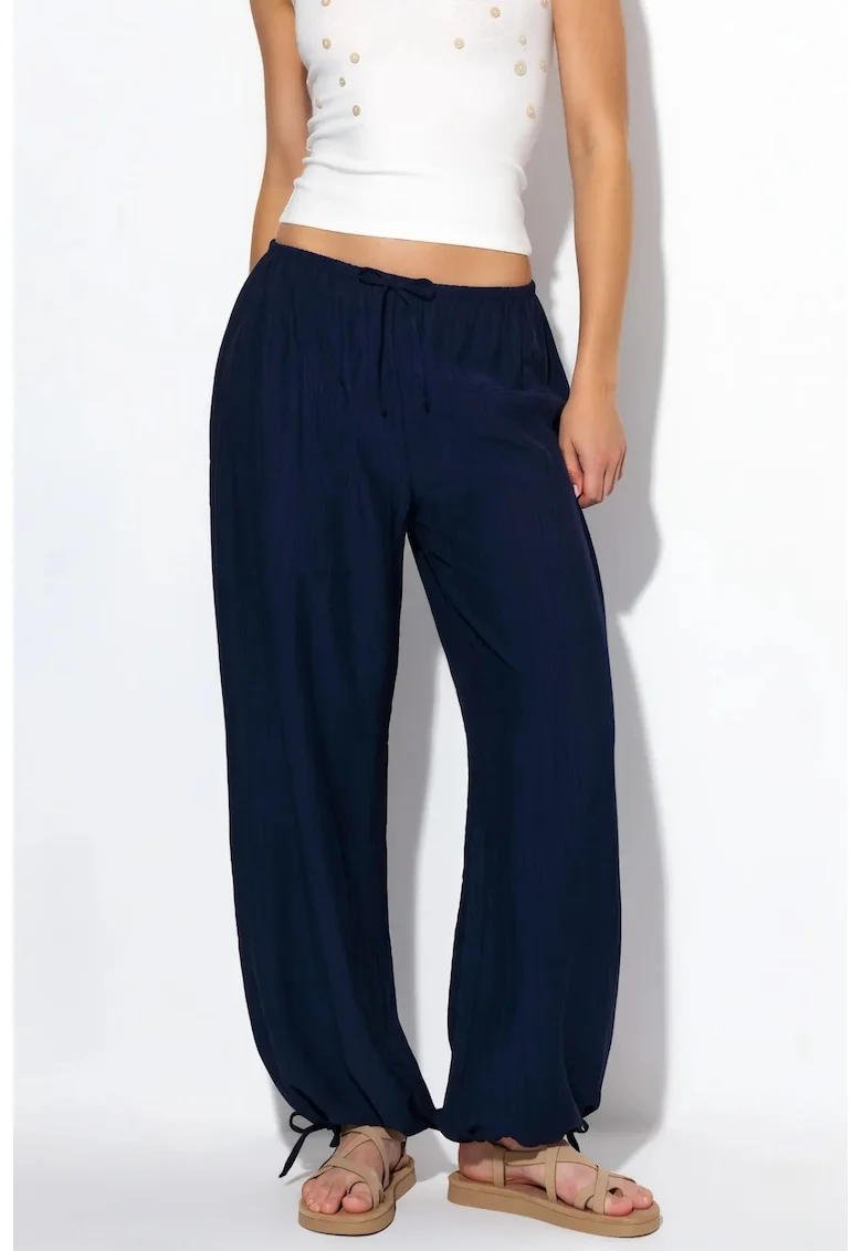 Pantaloni dama  casual, talie elastica, detaliu cu snur, albastru marin, poliester