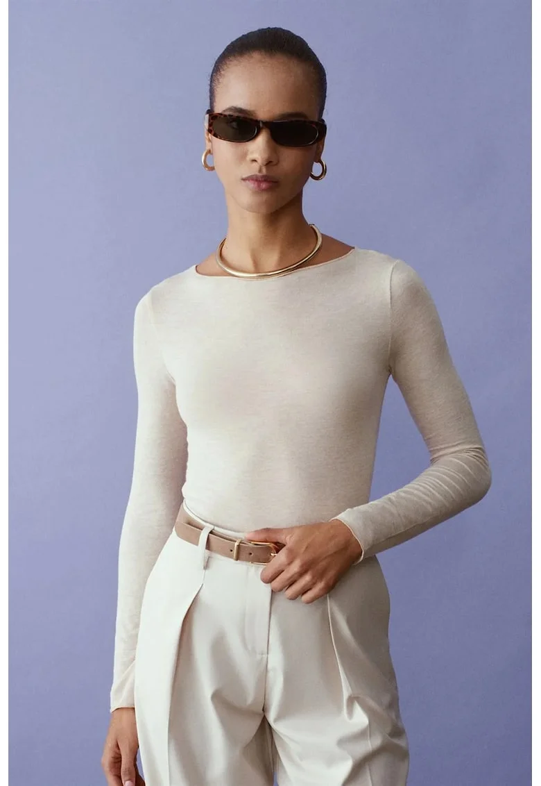 Bluza dama,  slim fit, crem natural, tricot subtire din modal, casmir si elastan