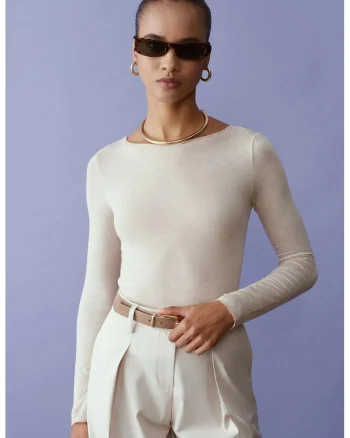 Bluza dama,  slim fit, crem natural, tricot subtire din modal, casmir si elastan