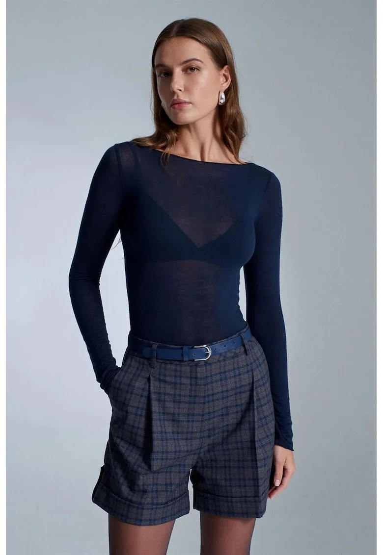 Bluze dama,  Bluza tricotata Slim Fit, Albastru Marin, maneca lunga, elastic