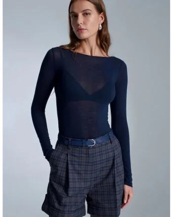 Bluze dama,  Bluza tricotata Slim Fit, Albastru Marin, maneca lunga, elastic
