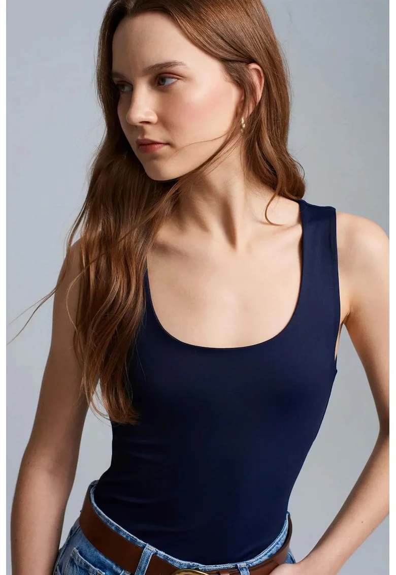Bluze dama,  bluza din jerseu fara maneci, croiala slim-fit, albastru marin, 93% nailon, 7% elastan