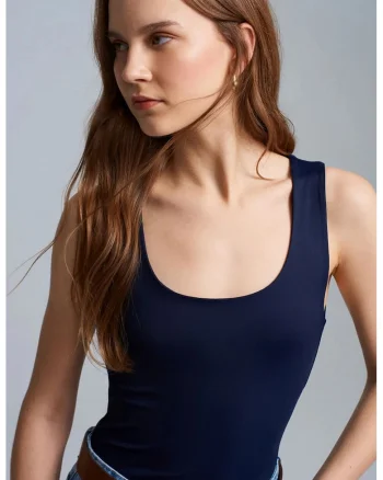Bluze dama,  bluza din jerseu fara maneci, croiala slim-fit, albastru marin, 93% nailon, 7% elastan