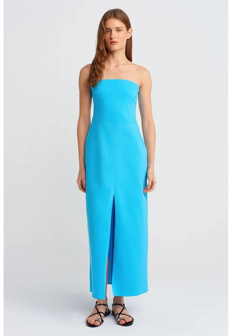 Rochie Midi Femei  Albastru Cerulean, Fara Bretele, Cu Slit, Bumbac