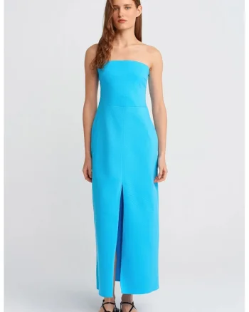 Rochie Midi Femei  Albastru Cerulean, Fara Bretele, Cu Slit, Bumbac