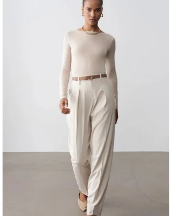 Pantaloni, Femei, Pantaloni  Crepe cu si Crem Natural,