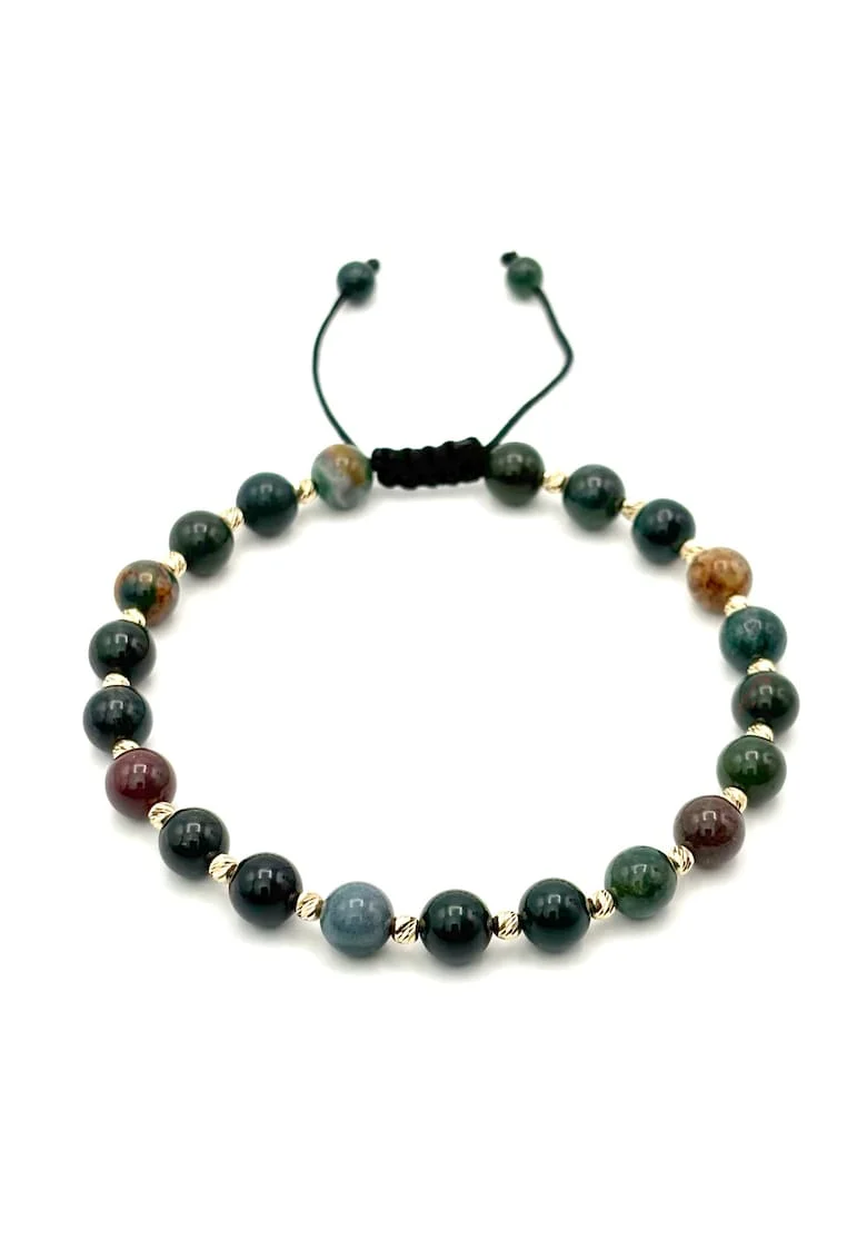 Bratara cu bile din AUR 14K si pietre naturale de 6mm, snur reglabil, barfewqgat, Verde