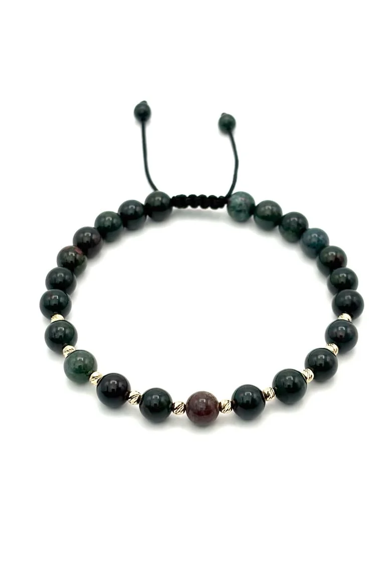 Bratara cu bile din AUR 14K si pietre naturale de 6mm, snur reglabil, barfewqgat, Verde inchis