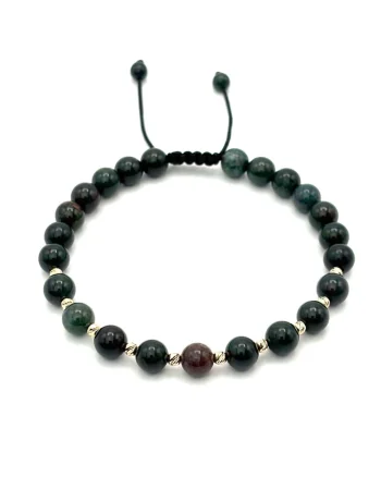 Bratara cu bile din AUR 14K si pietre naturale de 6mm, snur reglabil, barfewqgat, Verde inchis
