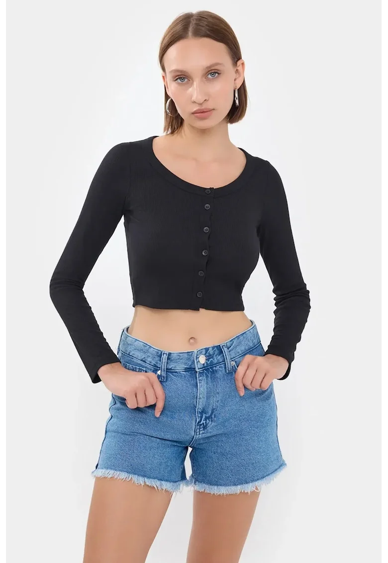 Top dama,  top tesut cu guler rotund si detaliu cu nasturiwdqfwqd negru, jerseu, Negru