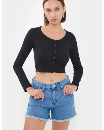 Top dama,  top tesut cu guler rotund si detaliu cu nasturiwdqfwqd negru, jerseu, Negru