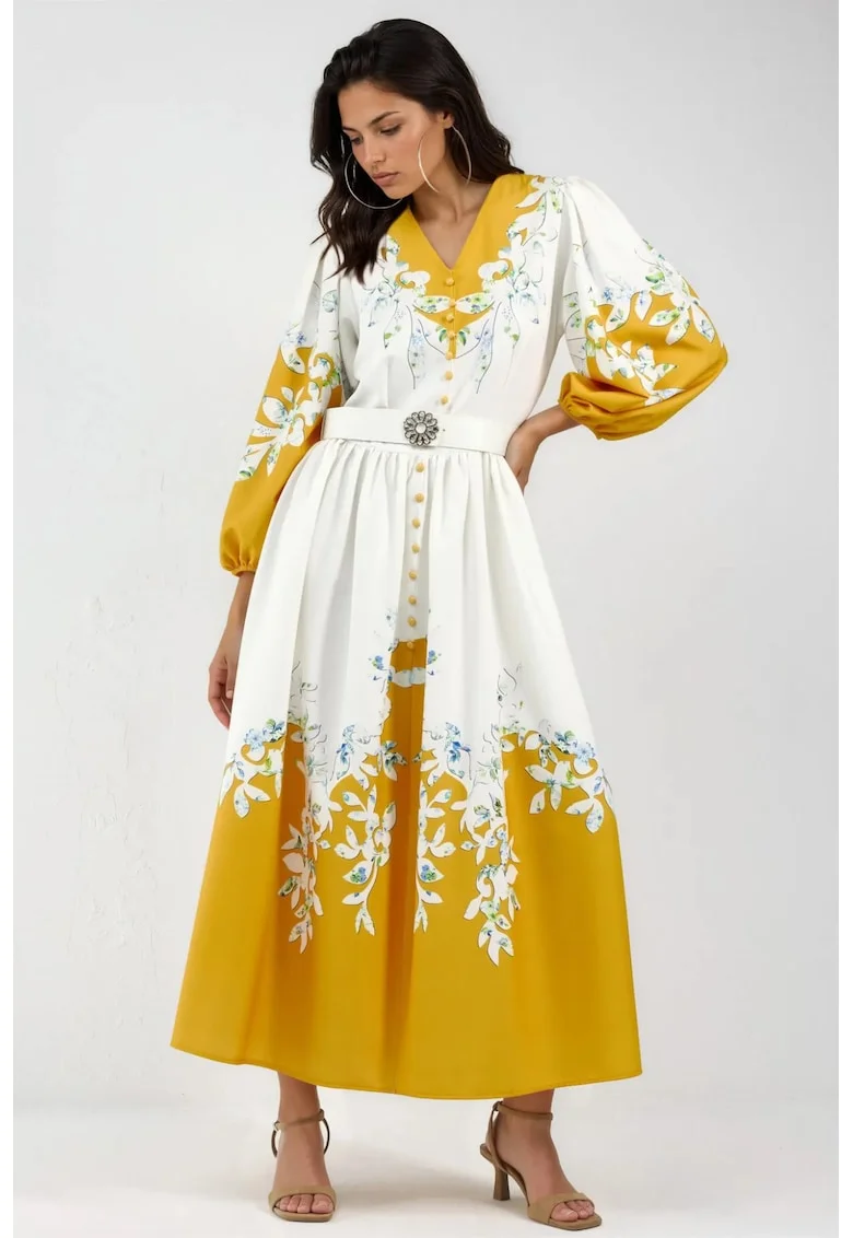 Rochie Maxi,  Floral, Poliester, Maneci Lungi, Alb/Galben