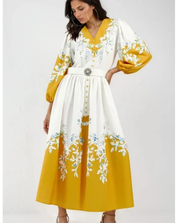 Rochie Maxi,  Floral, Poliester, Maneci Lungi, Alb/Galben