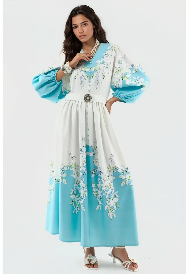 Rochie Maxi,  Floral, Poliester, Maneci Lungi, Alb/Albastru